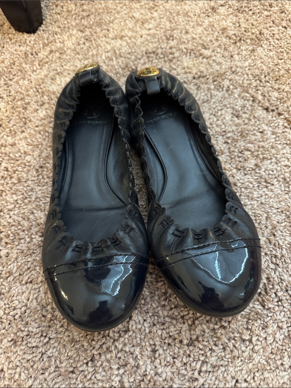 Tory Burch Navy Patent Leather Ruffle-Trim Ballet Flats with Gold Logo
